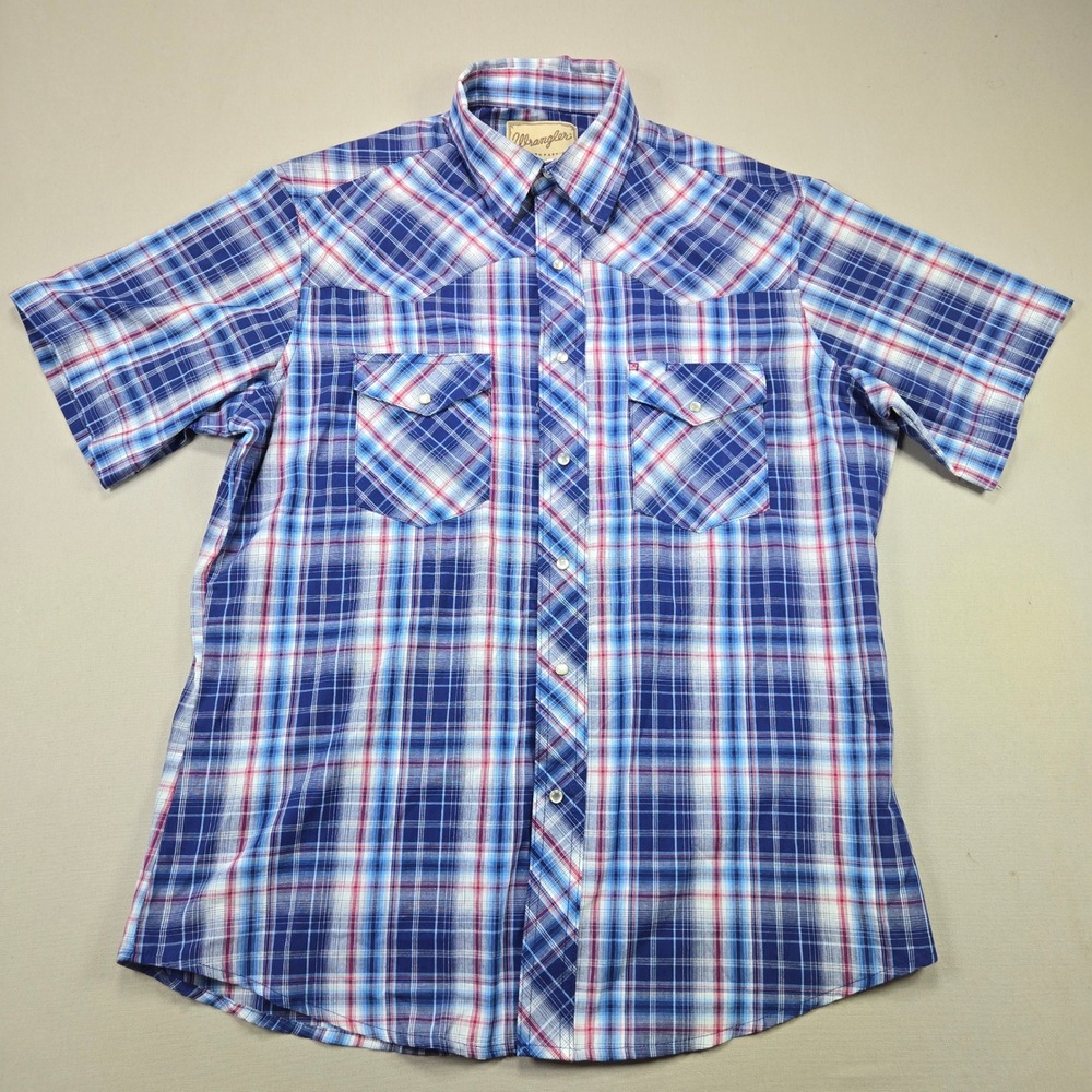 Wrangler Western Snap Shirt Plaid Short Sleeve Blue Red Mens L
